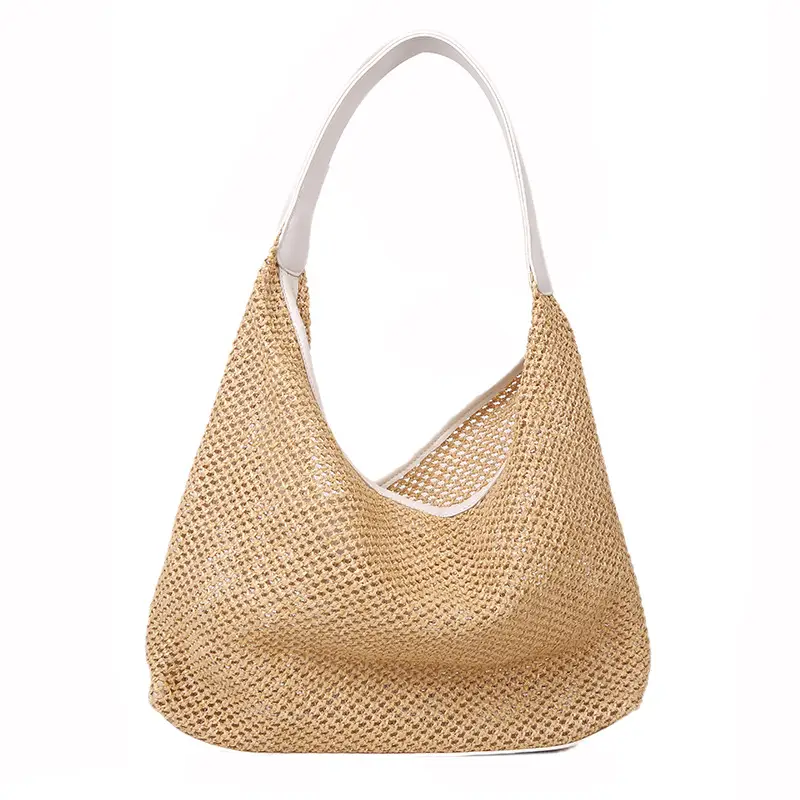 Women's Handheld Straw Bag with Leather Strap