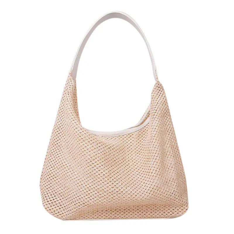 Women's Handheld Straw Bag with Leather Strap