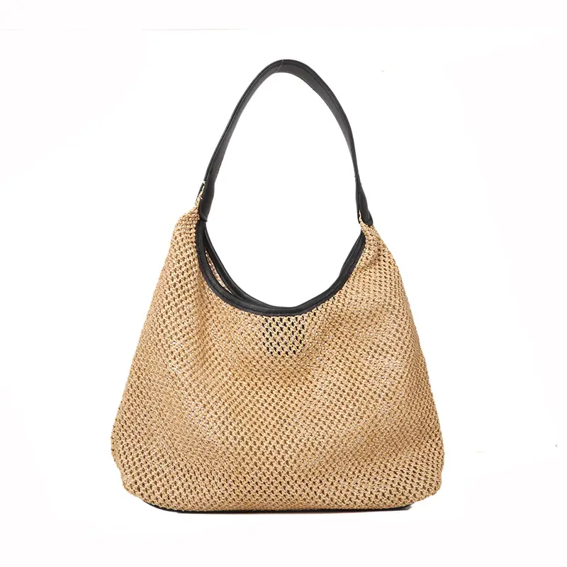 Women's Handheld Straw Bag with Leather Strap