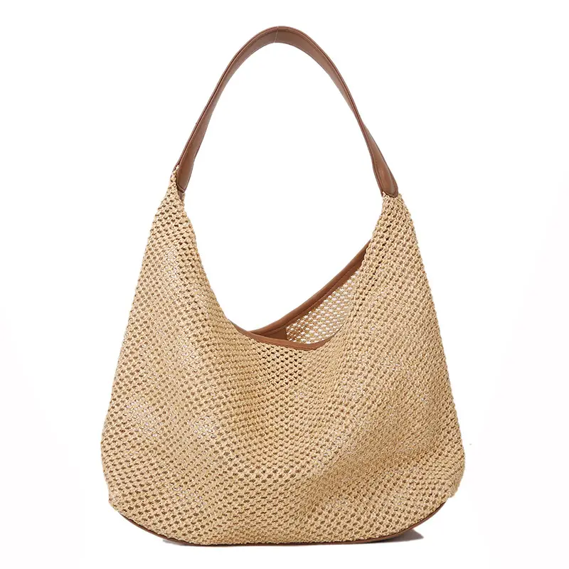 Women's Handheld Straw Bag with Leather Strap