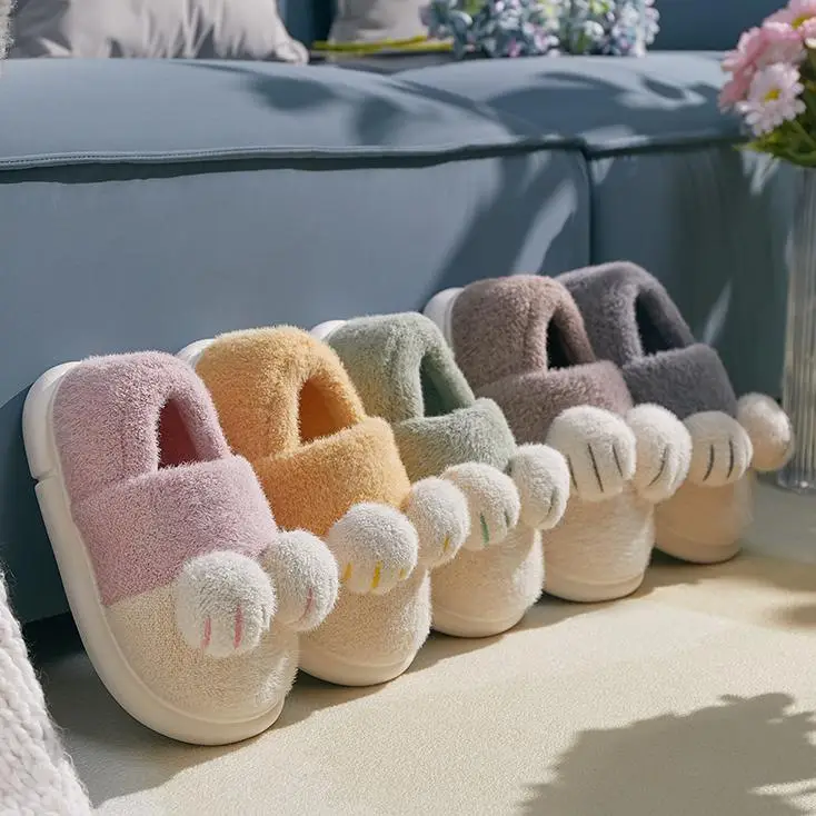 Winter Couple Plush Cotton Slippers Men's Indoor Home Women's Confinement Shoes Warm and Cute Cat Claw Family Cotton Shoes - Image 5