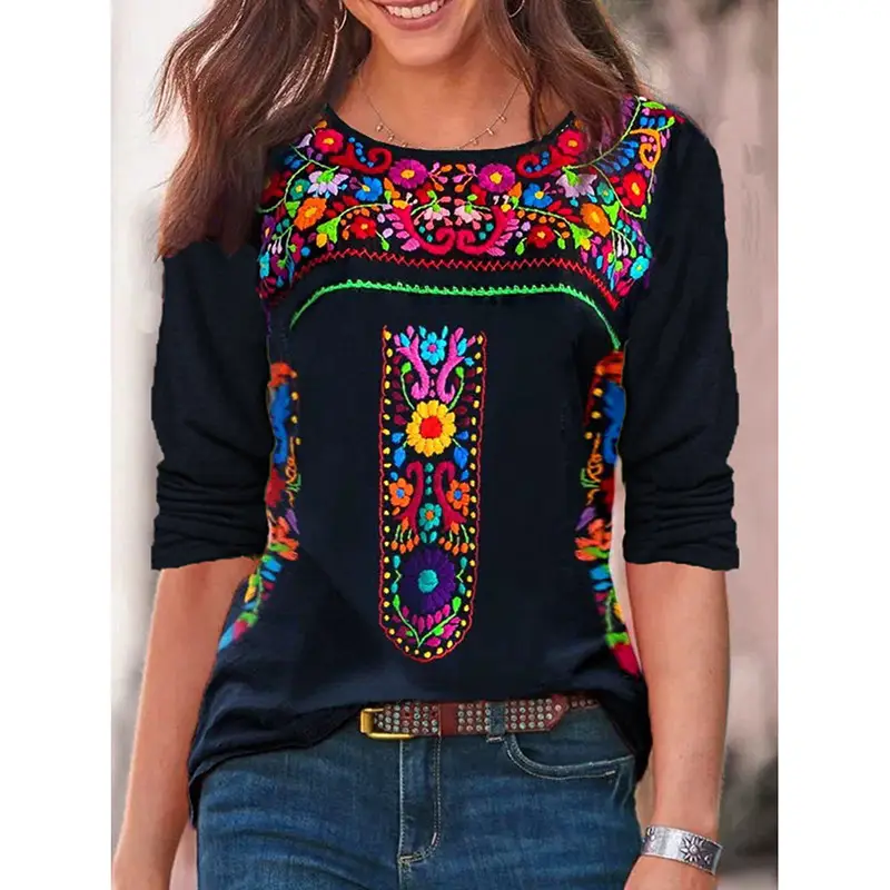 2023 V-Neck Printed T-Shirt Women Blue Long Sleeve - Image 5