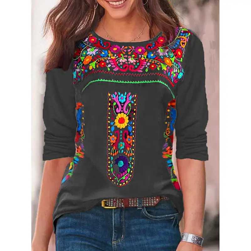2023 V-Neck Printed T-Shirt Women Blue Long Sleeve - Image 6