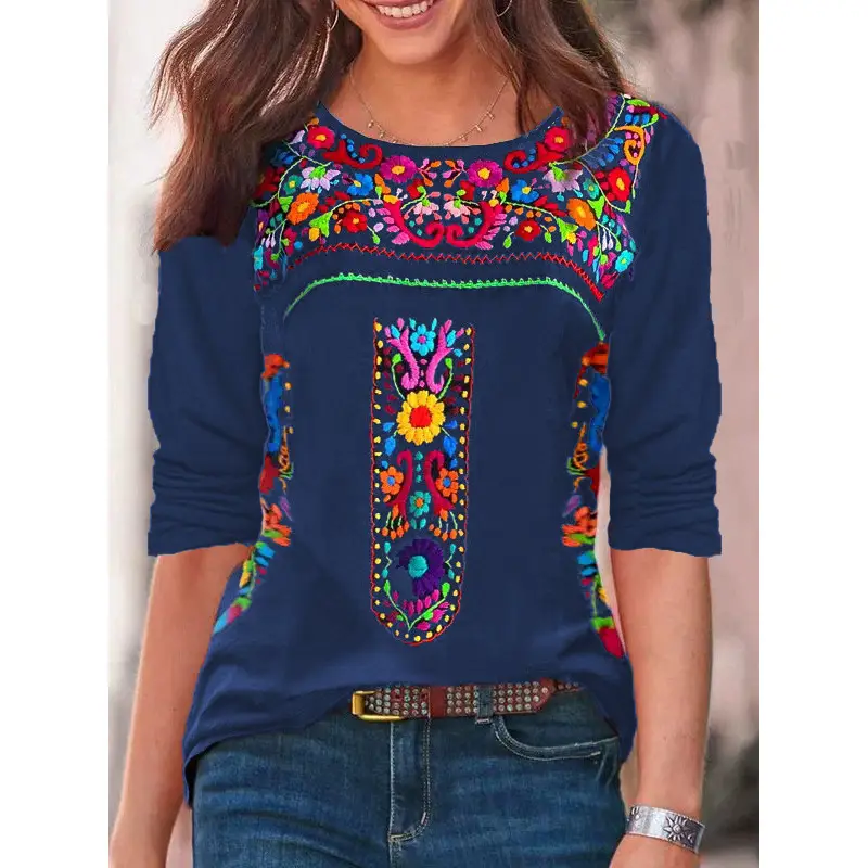 2023 V-Neck Printed T-Shirt Women Blue Long Sleeve - Image 7