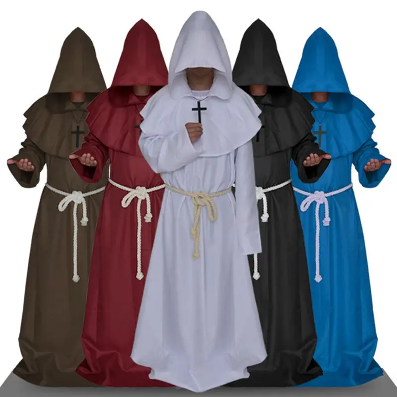 White Medieval Monk Robe with Cross Hooded Design