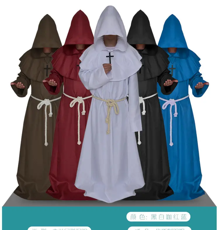White Medieval Monk Robe with Cross Hooded Design — feature 1