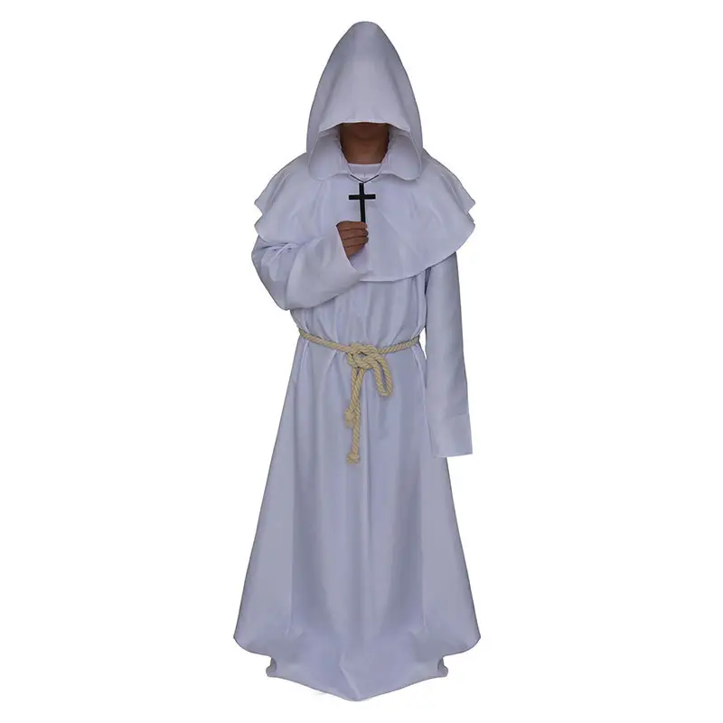 White Medieval Monk Robe with Cross Hooded Design