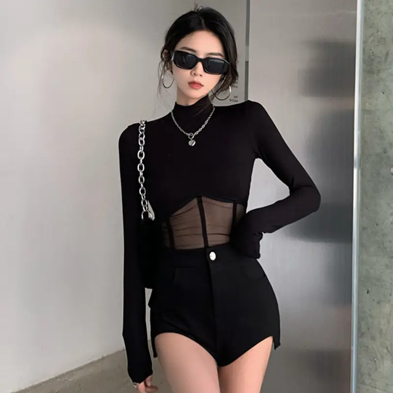 Black Long Sleeve Mesh Top with Shorts Set - Image 3