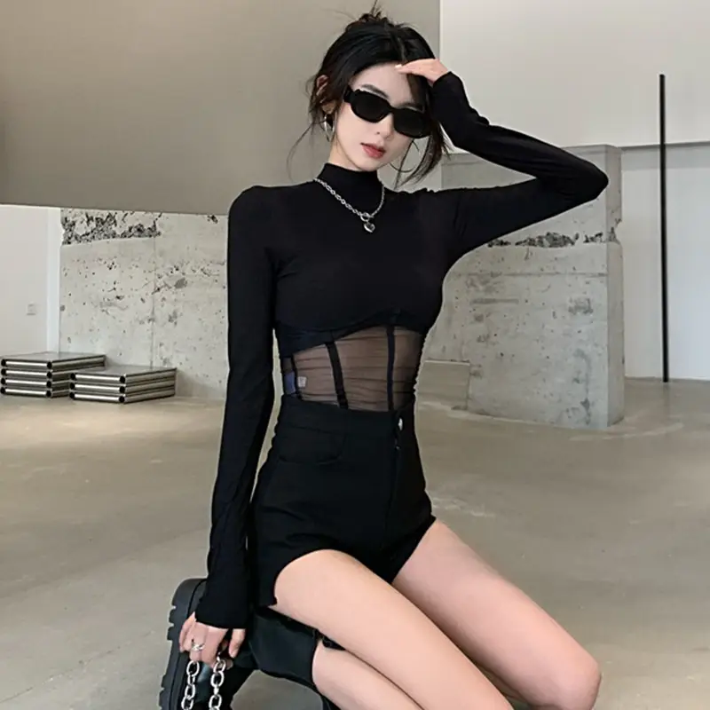 Black Long Sleeve Mesh Top with Shorts Set - Image 4