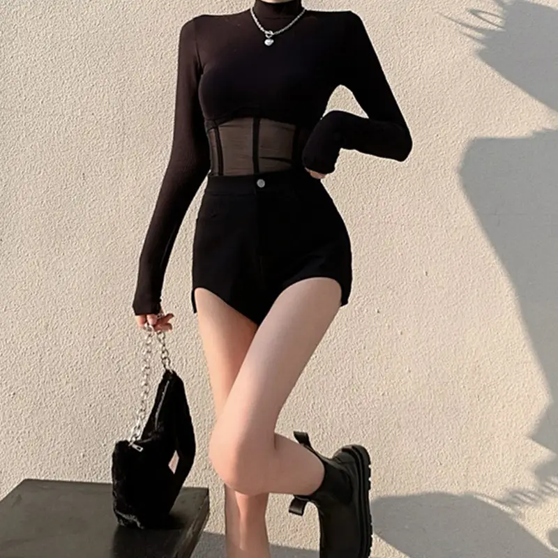 Black Long Sleeve Mesh Top with Shorts Set - Image 5