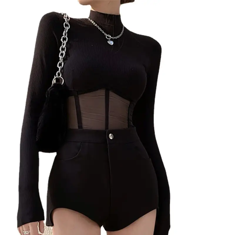 Black Long Sleeve Mesh Top with Shorts Set - Image 6