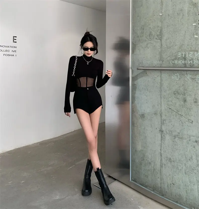 Black Long Sleeve Mesh Top with Shorts Set — feature 4