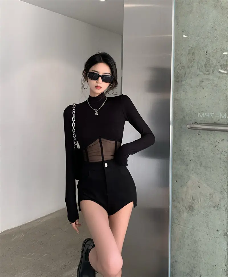 Black Long Sleeve Mesh Top with Shorts Set — feature 5