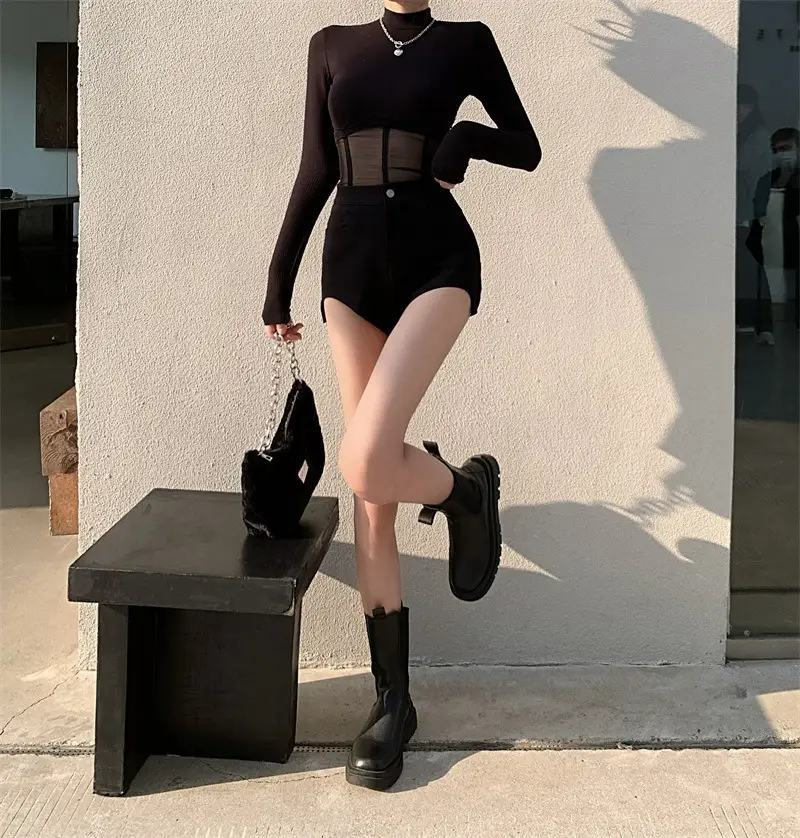 Black Long Sleeve Mesh Top with Shorts Set — feature 8