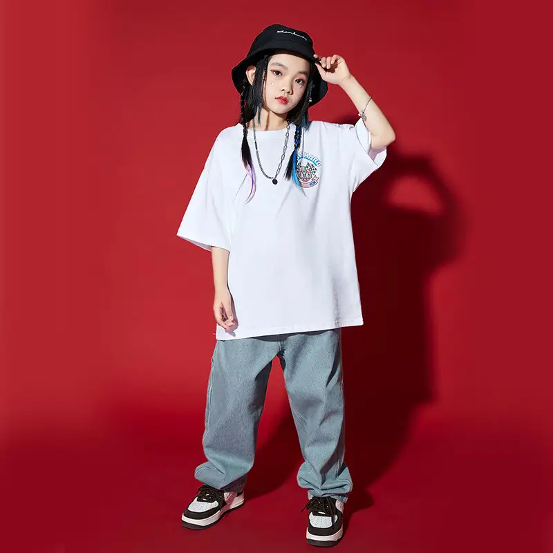 Hip-hop Kids T-Shirt Gray Pants Set White - Image 4