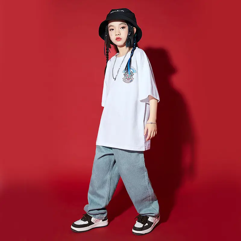 Hip-hop Kids T-Shirt Gray Pants Set White - Image 5