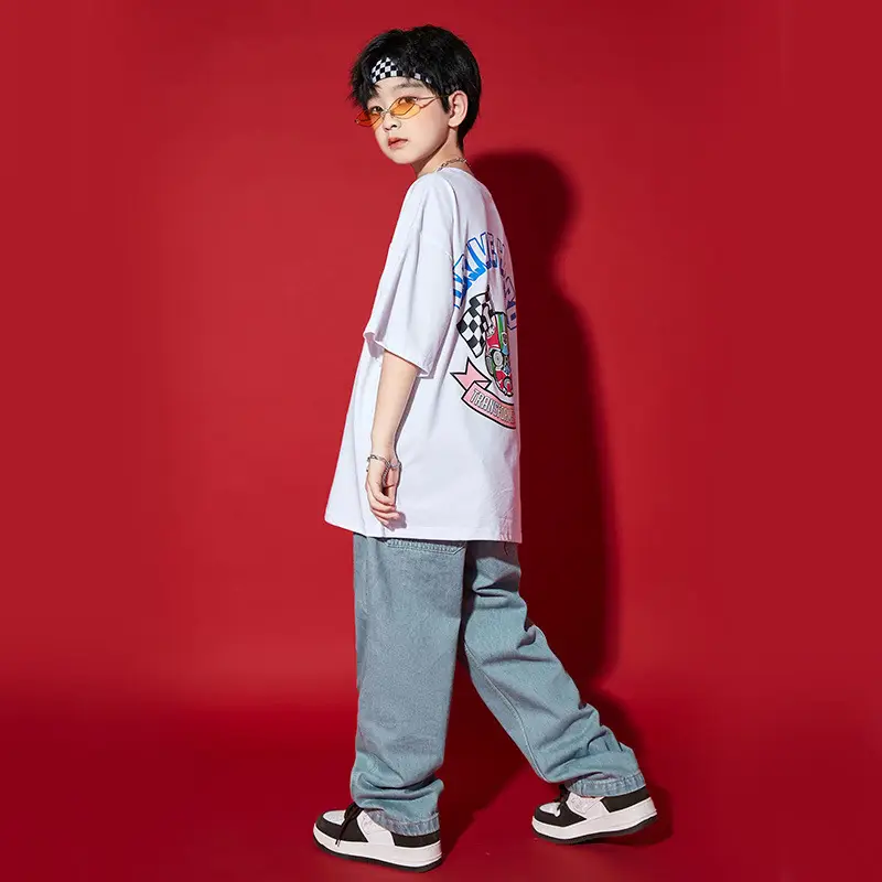 Hip-hop Kids T-Shirt Gray Pants Set White - Image 6