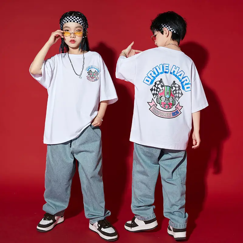 Hip-hop Kids T-Shirt Gray Pants Set White - Image 7