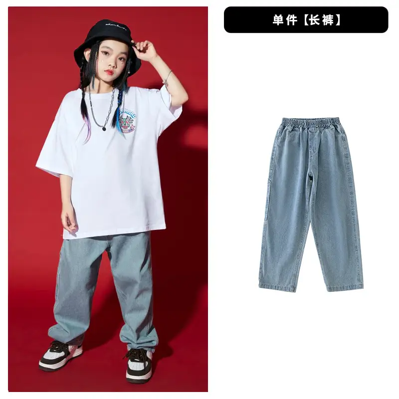 Hip-hop Kids T-Shirt Gray Pants Set White - Image 2
