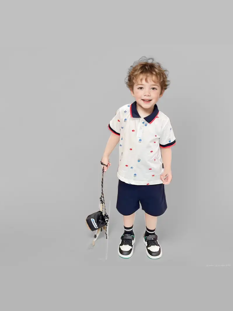 Boys White Star Print Short Sleeve Polo Suit Navy Shorts - Image 5