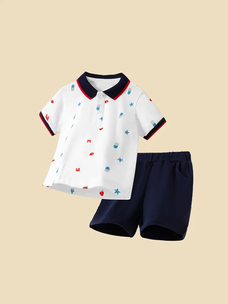 Boys White Star Print Short Sleeve Polo Suit Navy Shorts - Image 6