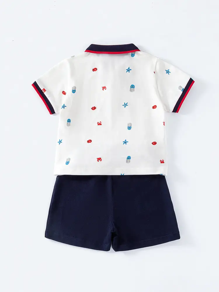 Boys White Star Print Short Sleeve Polo Suit Navy Shorts - Image 7