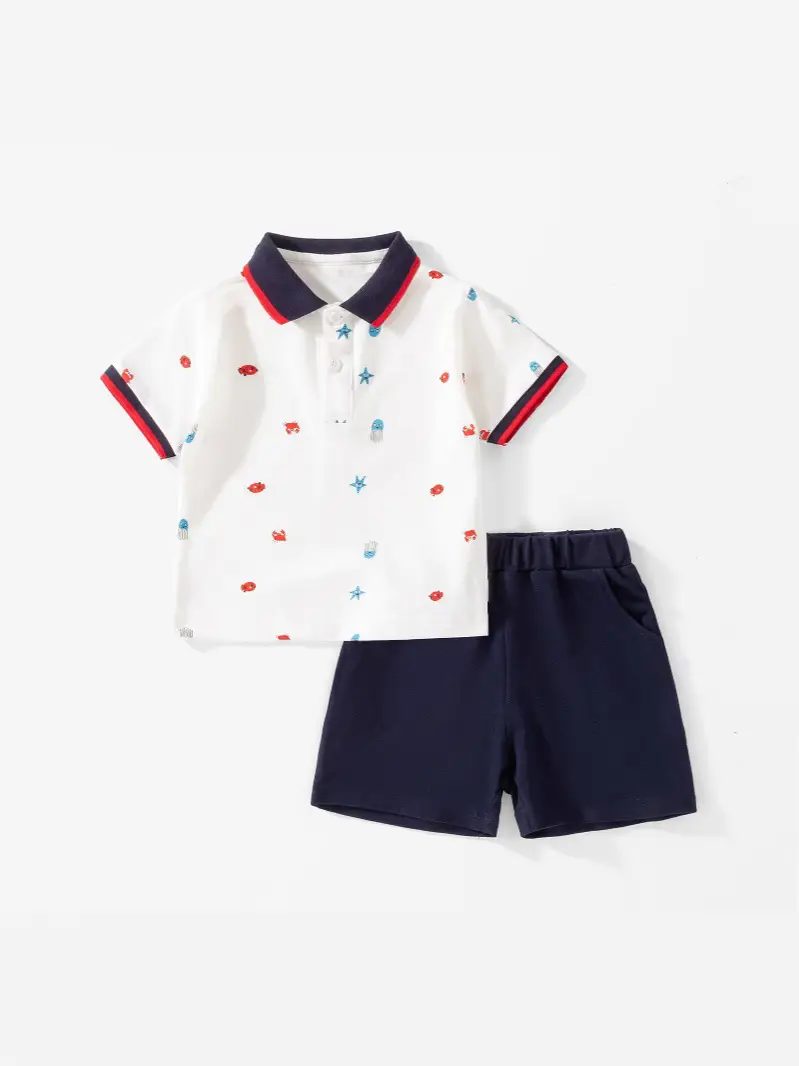Boys White Star Print Short Sleeve Polo Suit Navy Shorts - Image 8
