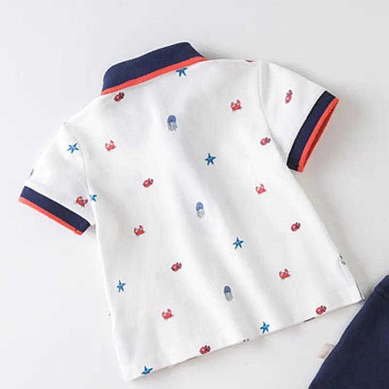 Boys White Star Print Short Sleeve Polo Suit Navy Shorts — feature 5