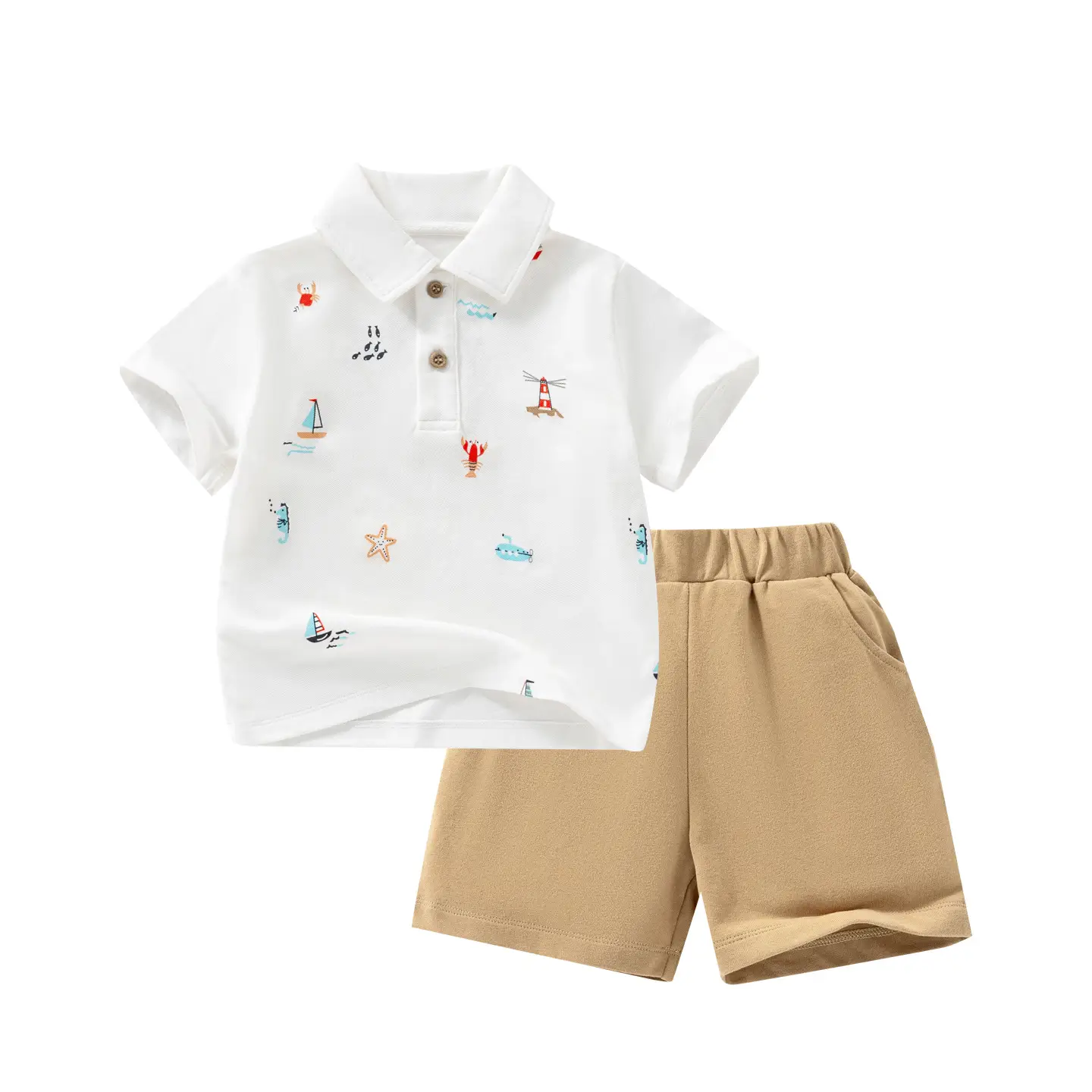 Boys White Star Print Short Sleeve Polo Suit Navy Shorts - Image 3