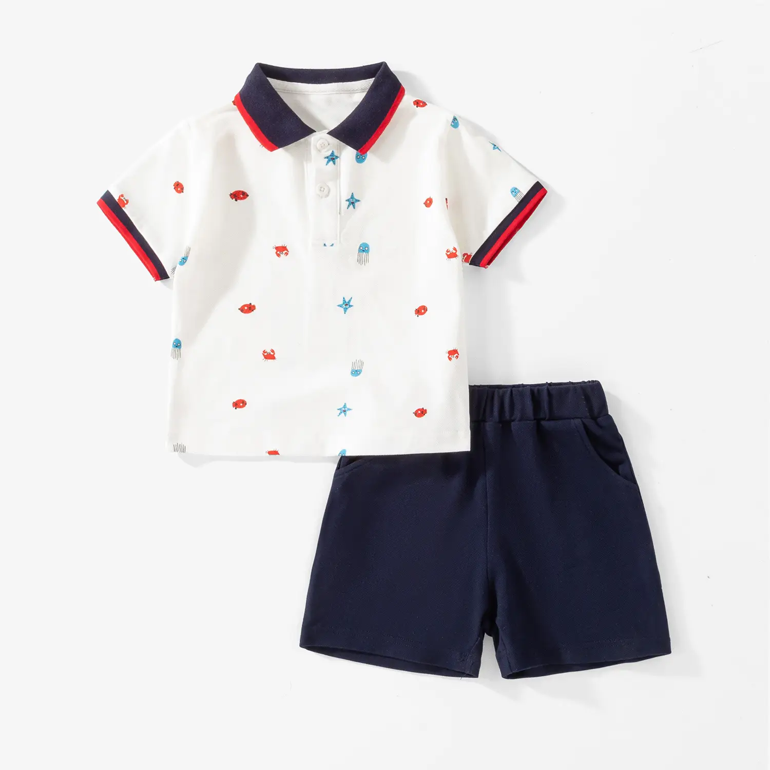 Boys White Star Print Short Sleeve Polo Suit Navy Shorts - Image 2