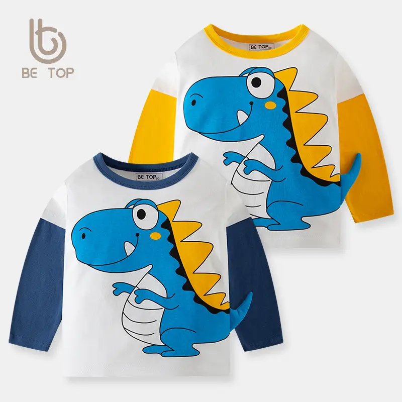 Blue Cartoon Dinosaur Boys T-Shirt Pure Cotton Long Sleeve