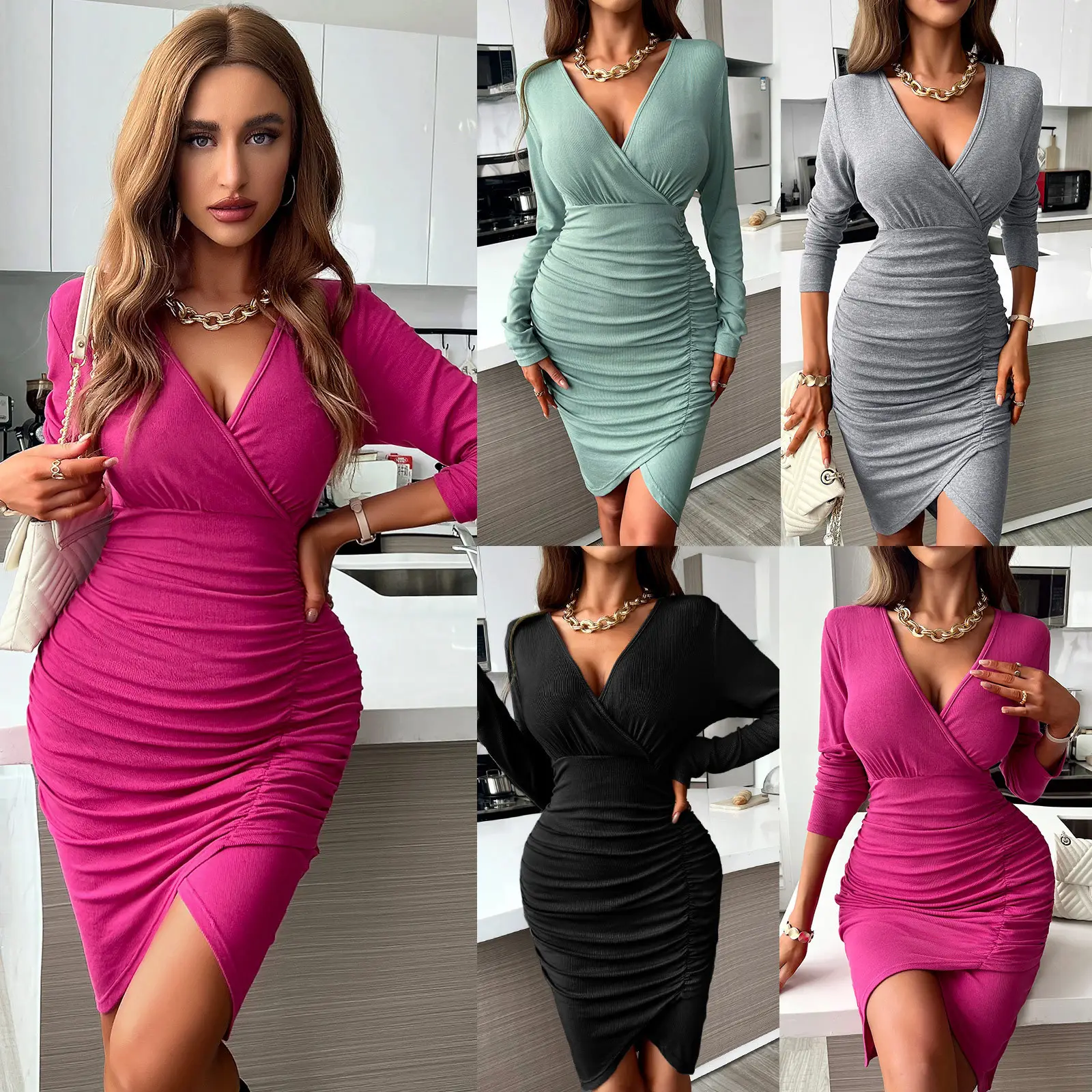 Women Winter Waist Slim Hip Dress Pink Long Sleeve Skirt - Image 5
