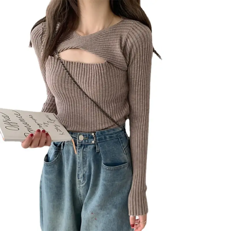 Women Knit V-Neck Top Apricot 2025 Spring - Image 12