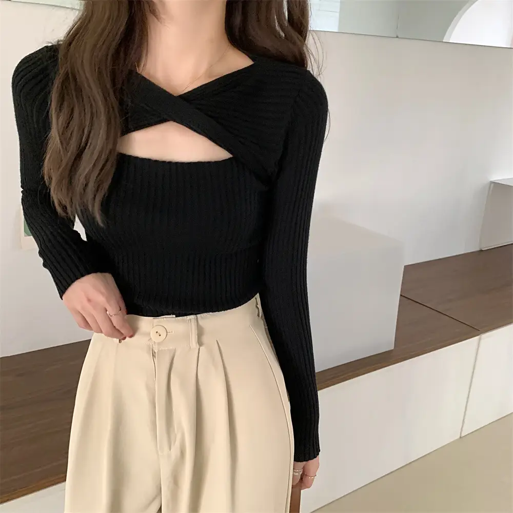 Women Knit V-Neck Top Apricot 2025 Spring — feature 12