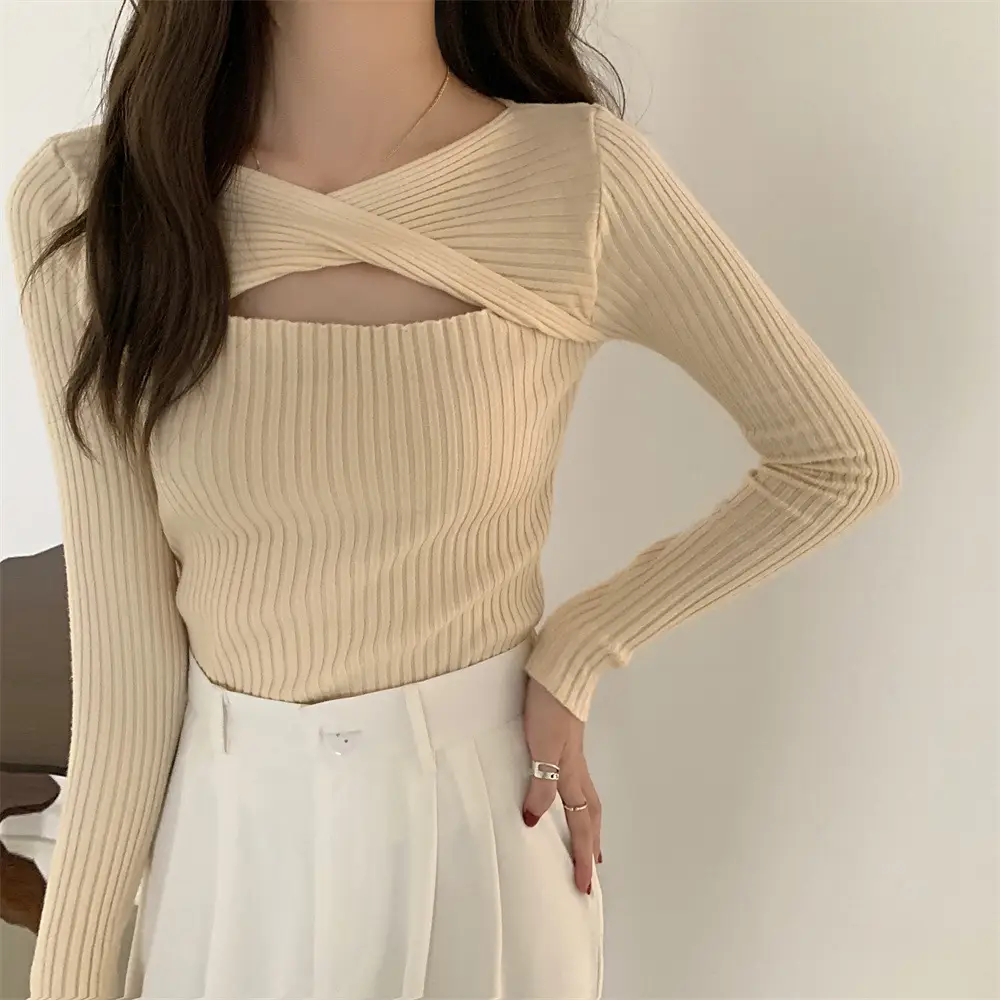Women Knit V-Neck Top Apricot 2025 Spring — feature 13