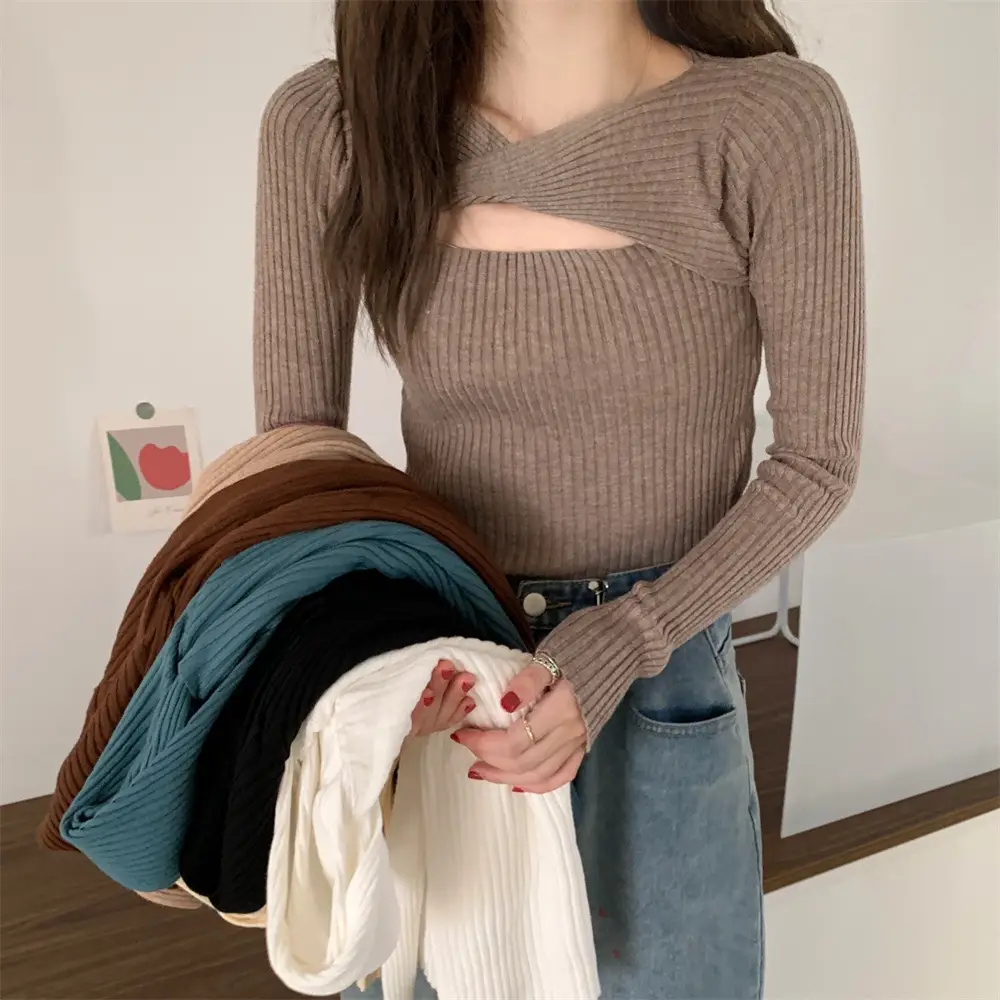 Women Knit V-Neck Top Apricot 2025 Spring — feature 5