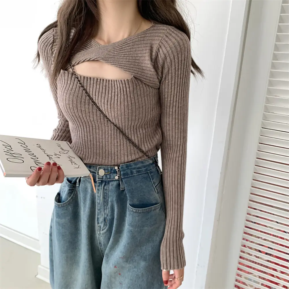 Women Knit V-Neck Top Apricot 2025 Spring — feature 6