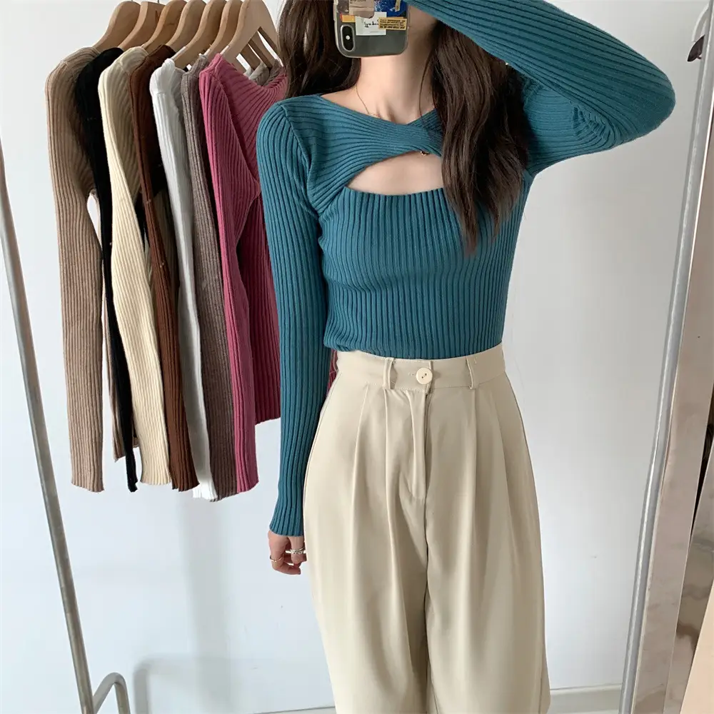 Women Knit V-Neck Top Apricot 2025 Spring — feature 9