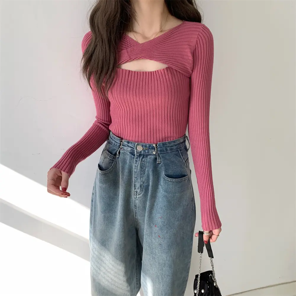 Women Knit V-Neck Top Apricot 2025 Spring - Image 6