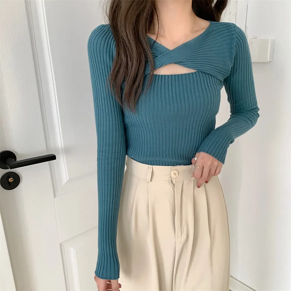 Women Knit V-Neck Top Apricot 2025 Spring - Image 7
