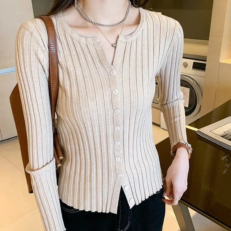 Women's V-Neck Cardigan Apricot Base 2022 Winter - Image 2