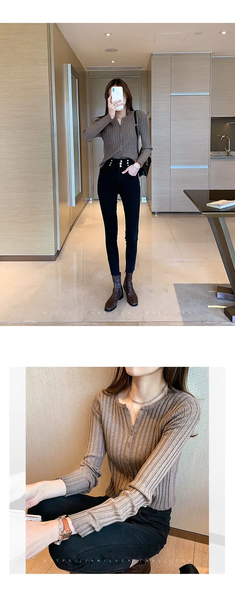 Women's V-Neck Cardigan Apricot Base 2022 Winter — feature 16