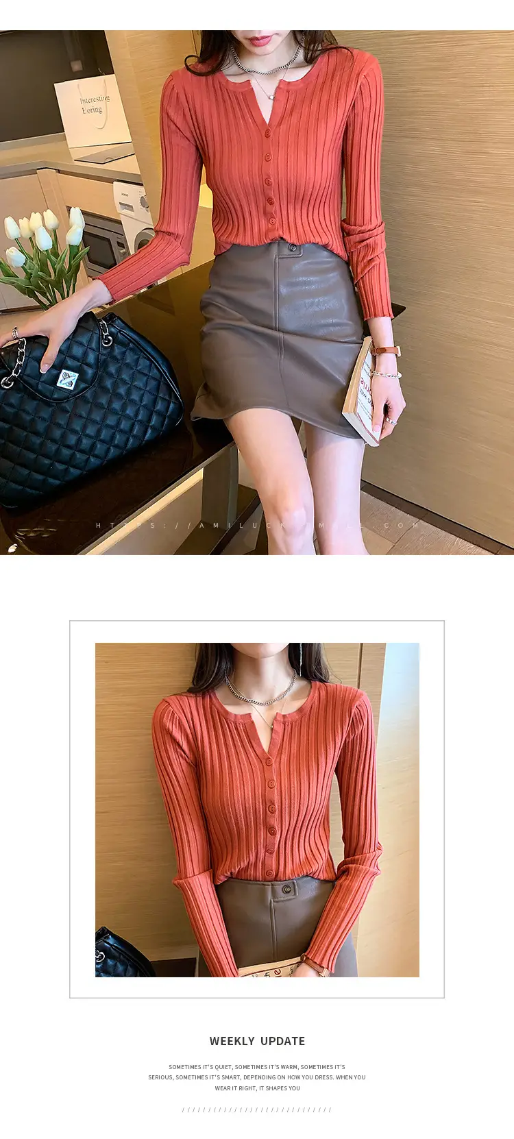 Women's V-Neck Cardigan Apricot Base 2022 Winter — feature 2