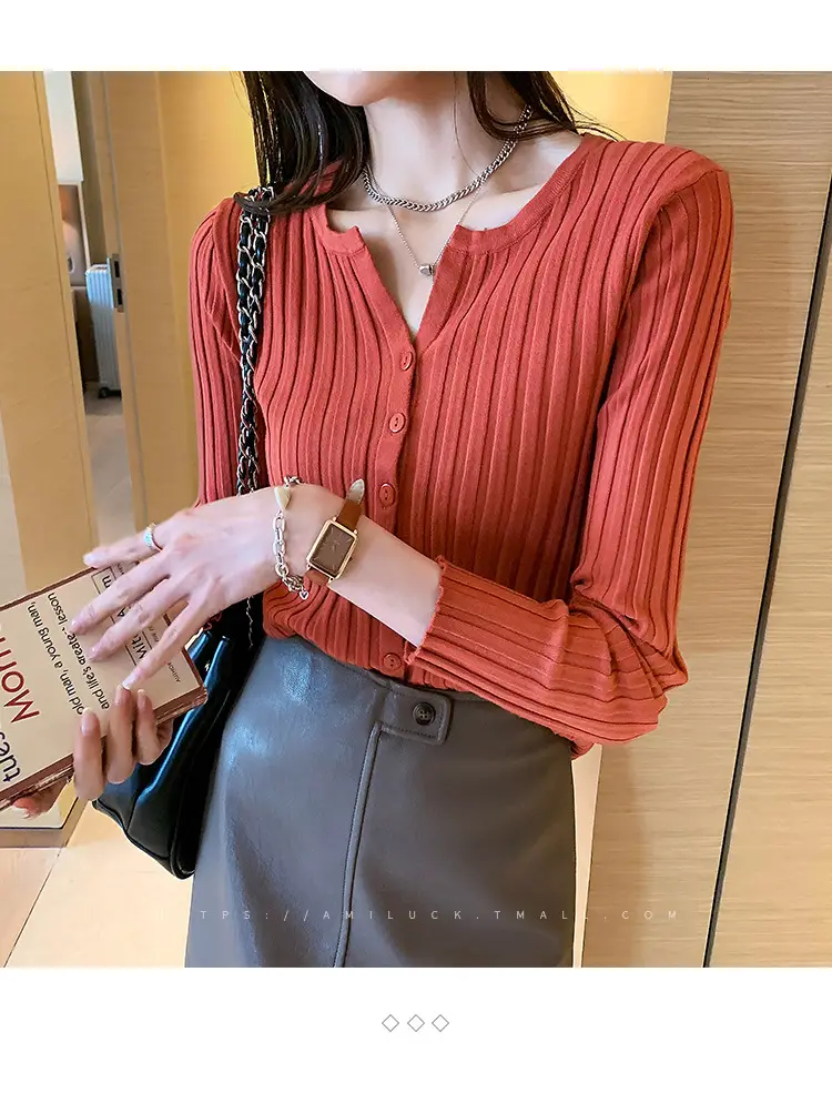 Women's V-Neck Cardigan Apricot Base 2022 Winter — feature 8