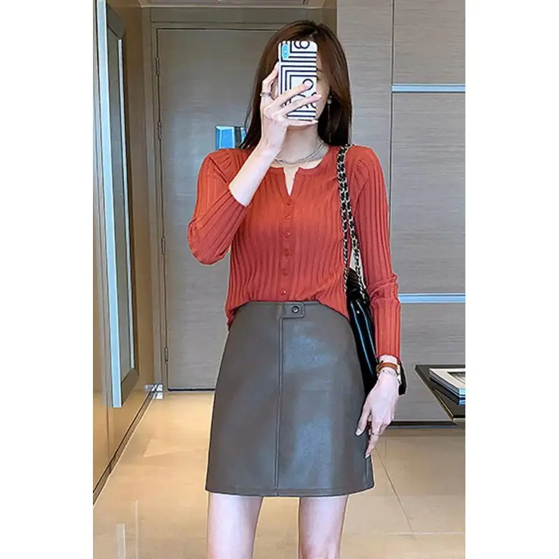 Women's V-Neck Cardigan Apricot Base 2022 Winter - Image 6