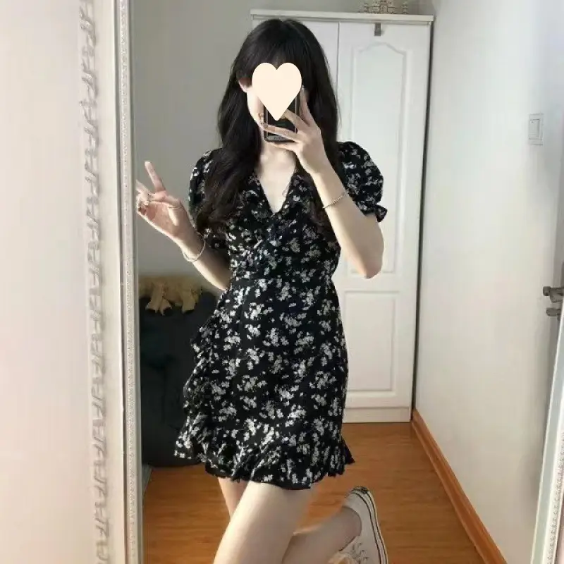French Short Black Floral Dress for Women with Puff Sleeves - Image 2