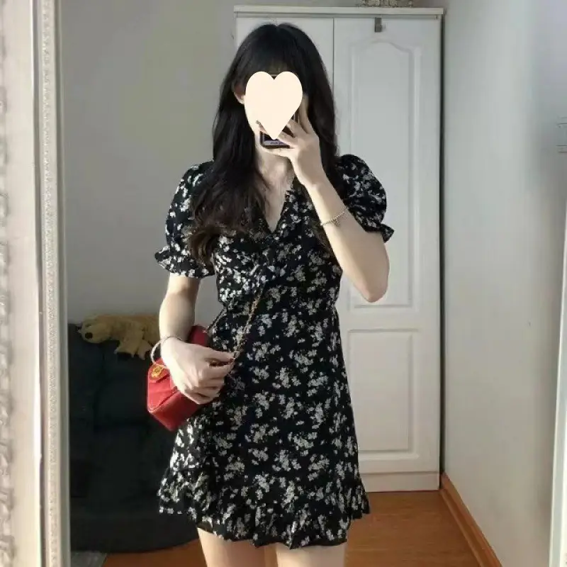 French Short Black Floral Dress for Women with Puff Sleeves - Image 4