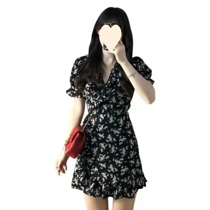 French Short Black Floral Dress for Women with Puff Sleeves - Image 5