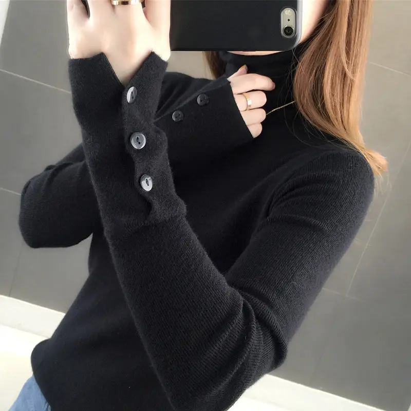 Black Slim Fit Long Sleeve Knitted Shirt for Women - Image 4