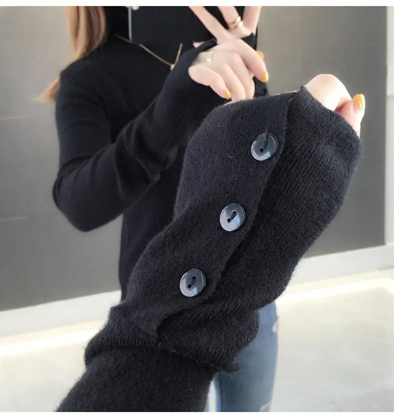 Black Slim Fit Long Sleeve Knitted Shirt for Women — feature 2
